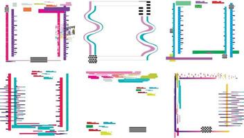 Set of geometric square shape, glitch style frames with pixel distortion and decay effect. Vector illustration