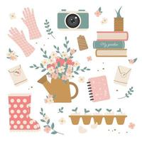 Spring or summer with seasonal elements collection. Gardening gloves, camera, books, plants in a tin, a bouquet of flowers in a watering can, a bag of seeds, a notebook, rubber boots, eggshell seedlin vector