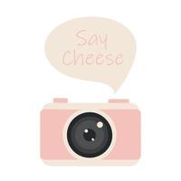 Retro camera with a say cheese note in flat style. vector illustration