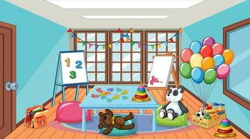 interior vacío del aula de jardín de infantes con muchos juguetes para niños vector