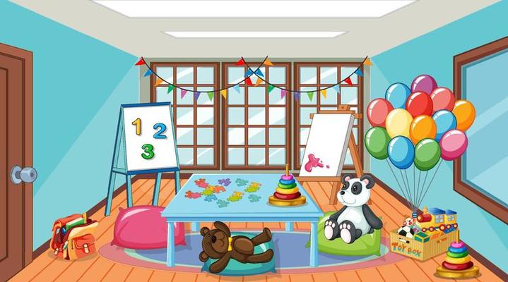 Empty kindergarten classroom interior with many kid toys