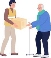 Old man getting humanitarian aid from volunteer semi flat color vector characters