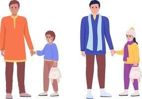 Father with child waiting for evacuation semi flat color vector characters set