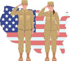 Soldiers saluting against map 2D vector isolated illustration