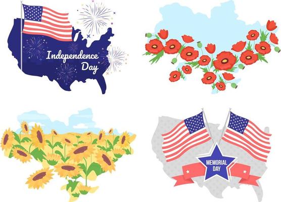 Patriotism 2D vector isolated illustrations set