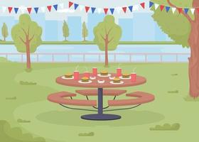 Festive picnic in city park flat color vector illustration