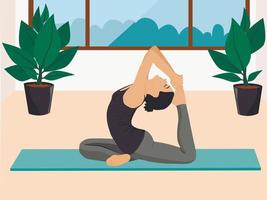 Young woman sitting in a yoga posture. Girl performing aerobics exercise and morning meditation at home. vector