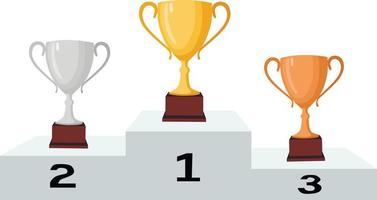 Winners podium with gold, silver, and bronze cups. Vector illustration in flat style isolated on white background