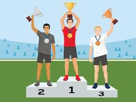 Vector illustration of men stand on the award winners podium and hold the winner's cups.