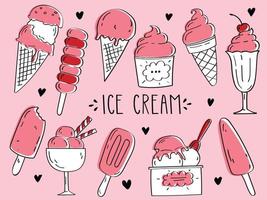 Hand-drawn set of doodles with different ice cream types ice cream waffle cone, cup ice cream, popsicle, sundae. Sketch style vector illustration for cafe menu, card, birthday card decoration.