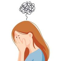Anxiety, sad and depressed woman. Difficult life situation, headache, confusion. Females mood and health. vector