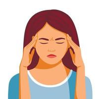 Young woman hold her head because of illness or stress at work. Flat vector cartoon style isolated