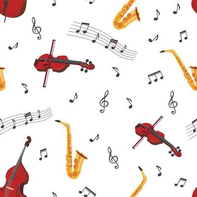 Seamless pattern with musical instruments on a white background. Saxophone, violin, notes music.