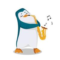 Penguin plays the saxophone. Cute character in cartoon style. vector