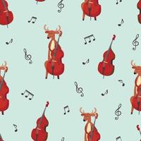 Seamless pattern with the deer plays the double bass on a blue background. vector