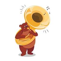 The bear plays the big trumpet. Cute character in cartoon style. vector