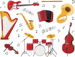 Musical instrument set. Accordion, trumpet, flute, bass guitar, harp, drums, violin, saxophone, double bass. Concept for orchestra, acoustic concert, music school. vector