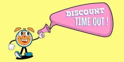 time-out discount banner with illustration of hand holding loudspeaker.cute traditional cartoon banner