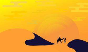 diseño ilustrativo del desierto por la mañana con silueta de camello y adornos solares. vector