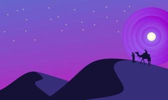 illustration of desert at night. flat design and camel silhouette vector