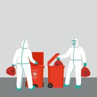 ilustración vectorial, el personal del hospital con ropa protectora de ppe por seguridad toma la bolsa de basura infectada, deséchela en un bote de basura. contiene el símbolo de residuos biológicamente infectados,