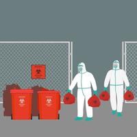 ilustración vectorial, el personal del hospital con ropa protectora de ppe por seguridad toma la bolsa de basura infectada, deséchela en un lugar con un bote de basura
