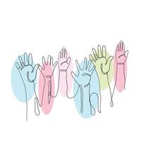 continuous line drawing various hands raised symbol for diversity illustration vector isolated