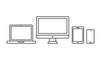 Outlined vector illustration of modern electronic device product ecosystem. Suitable for technology banner, computer, smartphone, and laptop display.