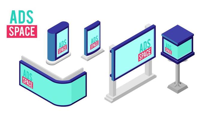 Isometric vector illustration of an electronic billboard space. Appropriate to illustrate the modern advertising equipment facility rental service. Isometric shape LED display panel for advertisement