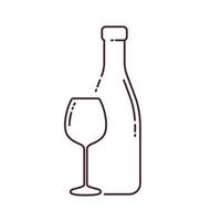 Outlined vector illustration of a wine bottle and glass. Suitable for design elements of cafe and bar posters. Simple outline icon of alcoholic drink.