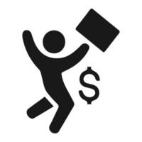 Man with raised hand icon with bag. The concept of a businessman who successfully achieves the target. Vectorr illustration. vector