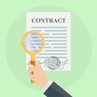 Man hand hold contact documents and magnifying glass. Businessman check signature. Vector design