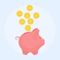 Piggy bank with gold coins. Save money, investment of currency. Vector design