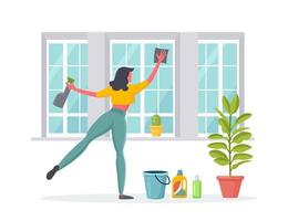 Woman washing window with rag in room. Home chores, housekeeping. Maid doing housework. Vector design