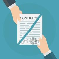 Contract termination. Business man break a document. Cancellation of agreement. Vector design