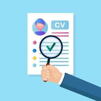 currículum comercial cv y lupa en la mano. entrevista de trabajo, reclutamiento, búsqueda de contratación de empleadores. diseño vectorial vector