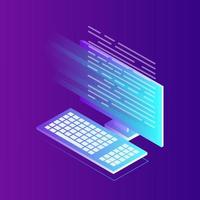 Software development, programming language, coding. Isometric computer with digital application. Vector design