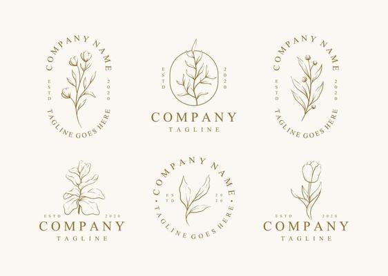 Hand Drawn Feminine Vector Signs or Logo Templates Set. Flower Illustration with Classy Typography.