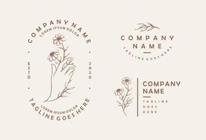 Hand Drawn Feminine Vector Signs or Logo Templates Set. Hand with Flower Illustration with Classy Typography.