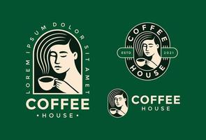 mujer bebiendo una taza de café. concepto de diseño de logotipo para cafetería. vector