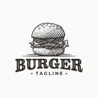 Vintage burger hand drawn logo illustration vector