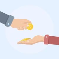 Hand hold dollar coin. Man giving cash, currency. Payment by cash, donation, investment, charity. Vector design