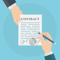 Contract signing. Man hand hold documents and pen. Vector design