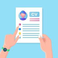 CV business resume in hand. Job interview, recruitment, search employer, hiring. Human resource. Vector design
