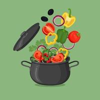 Black pan with Boiling water and vegetables. Vector design