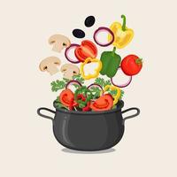 Cooking pot with vegetables. Tomatoes, bell peppers, onion, mushrooms, olives in saucepan. Vector design
