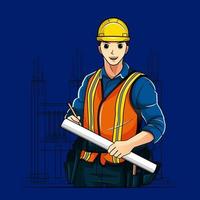 contratista de construcción sonriente sosteniendo un plano en el sitio de construcción ilustración vectorial descarga gratuita vector