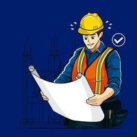 contratista de construcción se ve feliz sosteniendo blueprint vector illustration pro download