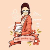 Happy Teacher's day holding a pile of books vector illustration pro download
