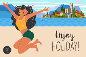 disfrutar vacaciones. viajar de vacaciones. ilustración de vector brillante de verano, cartel.